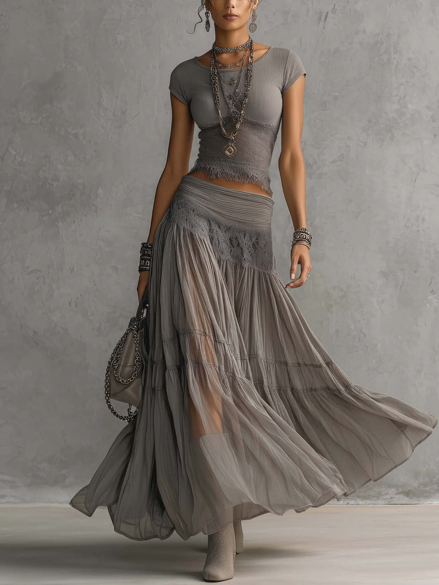 Lisa's Blouse with Lace Inserts and Pleated Maxi Skirt Set
