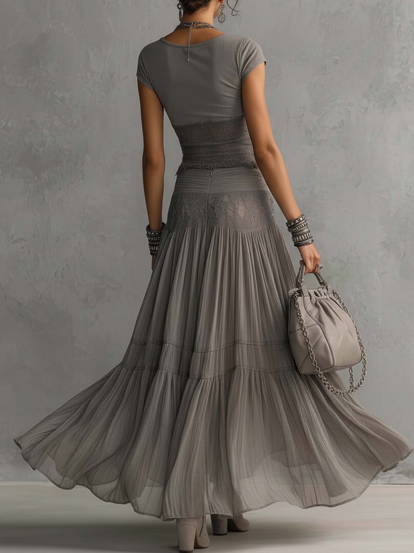 Lisa's Blouse with Lace Inserts and Pleated Maxi Skirt Set