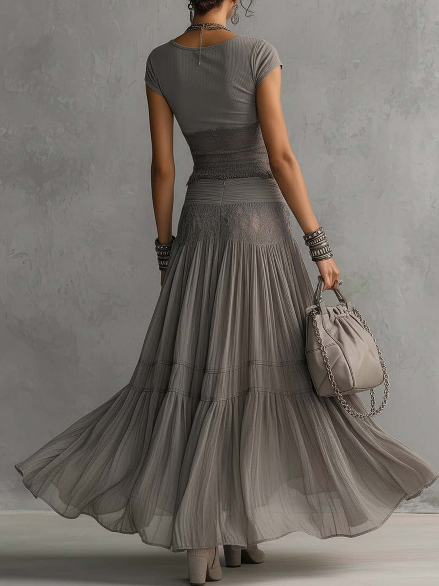 Lisa's Blouse with Lace Inserts and Pleated Maxi Skirt Set