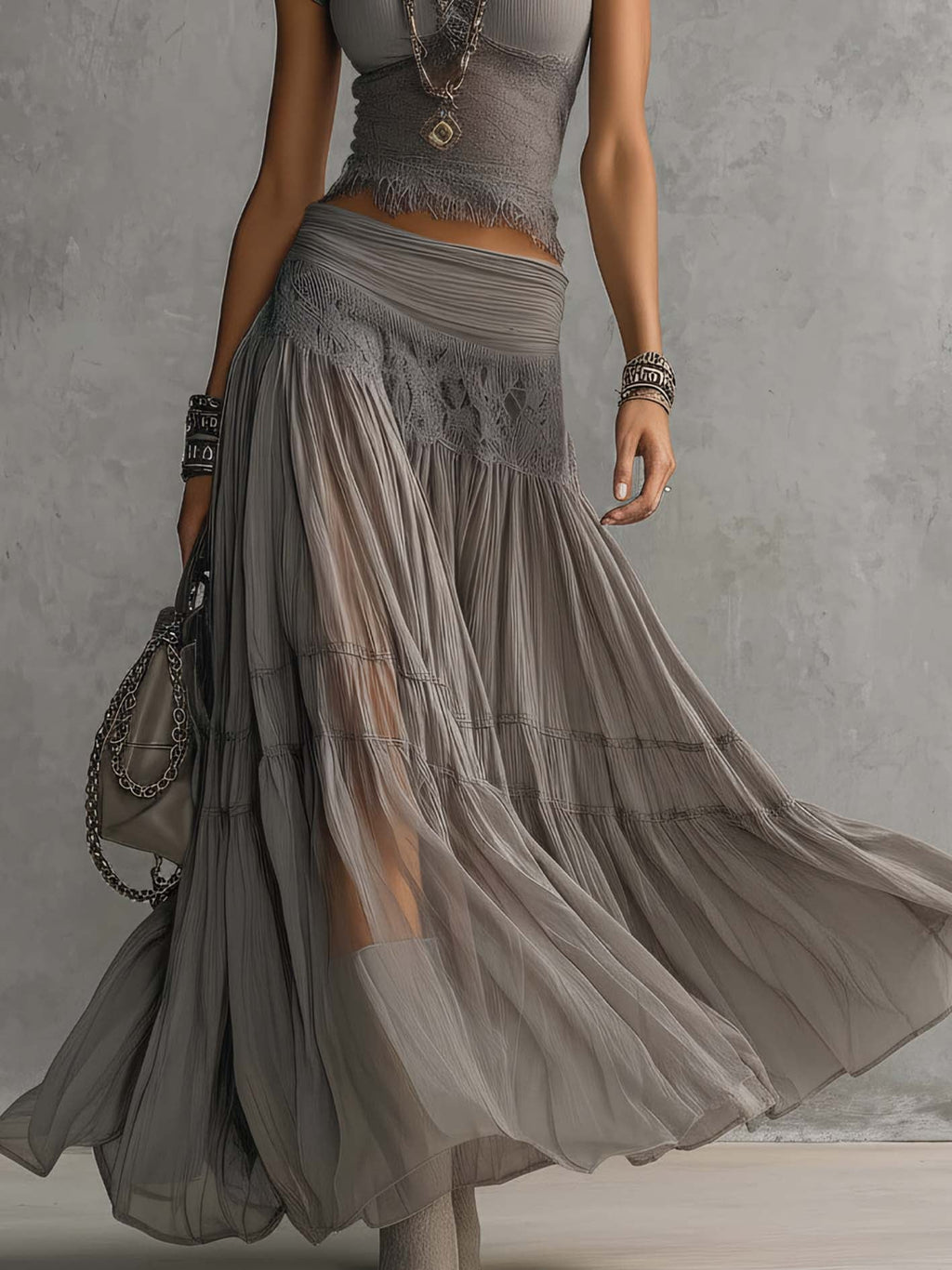 Lisa's Blouse with Lace Inserts and Pleated Maxi Skirt Set
