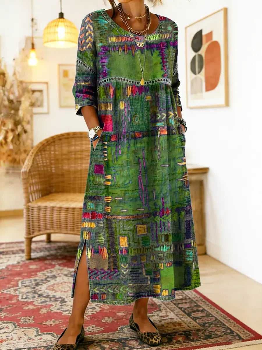 Natalia Zofia | Women's Cotton Dress with Ethnic Print and Patchwork, with Lace Trim
