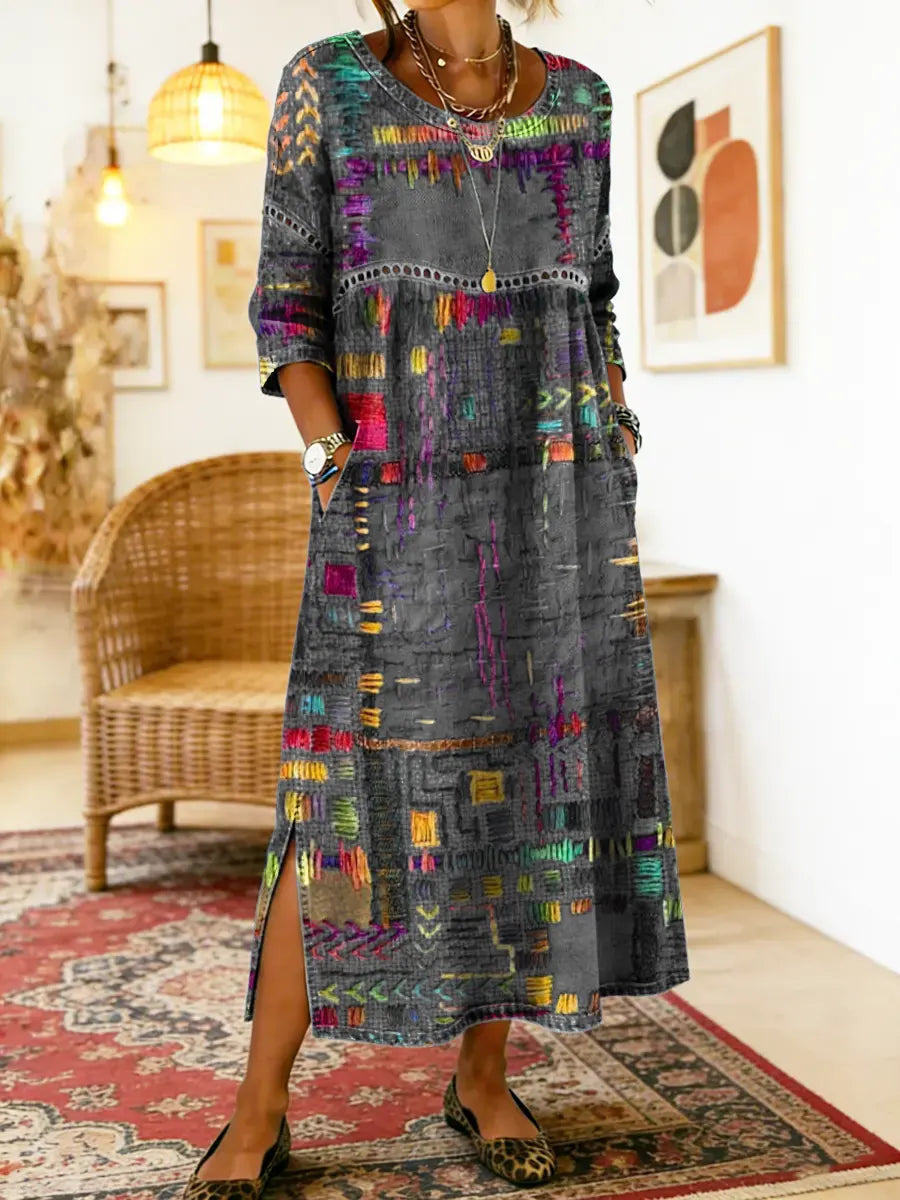 Natalia Zofia | Women's Cotton Dress with Ethnic Print and Patchwork, with Lace Trim