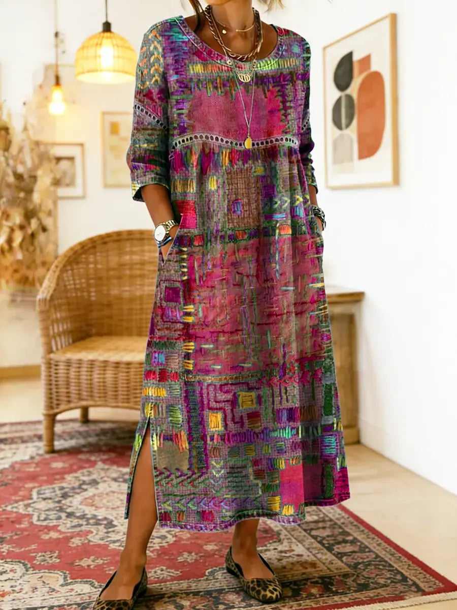 Natalia Zofia | Women's Cotton Dress with Ethnic Print and Patchwork, with Lace Trim