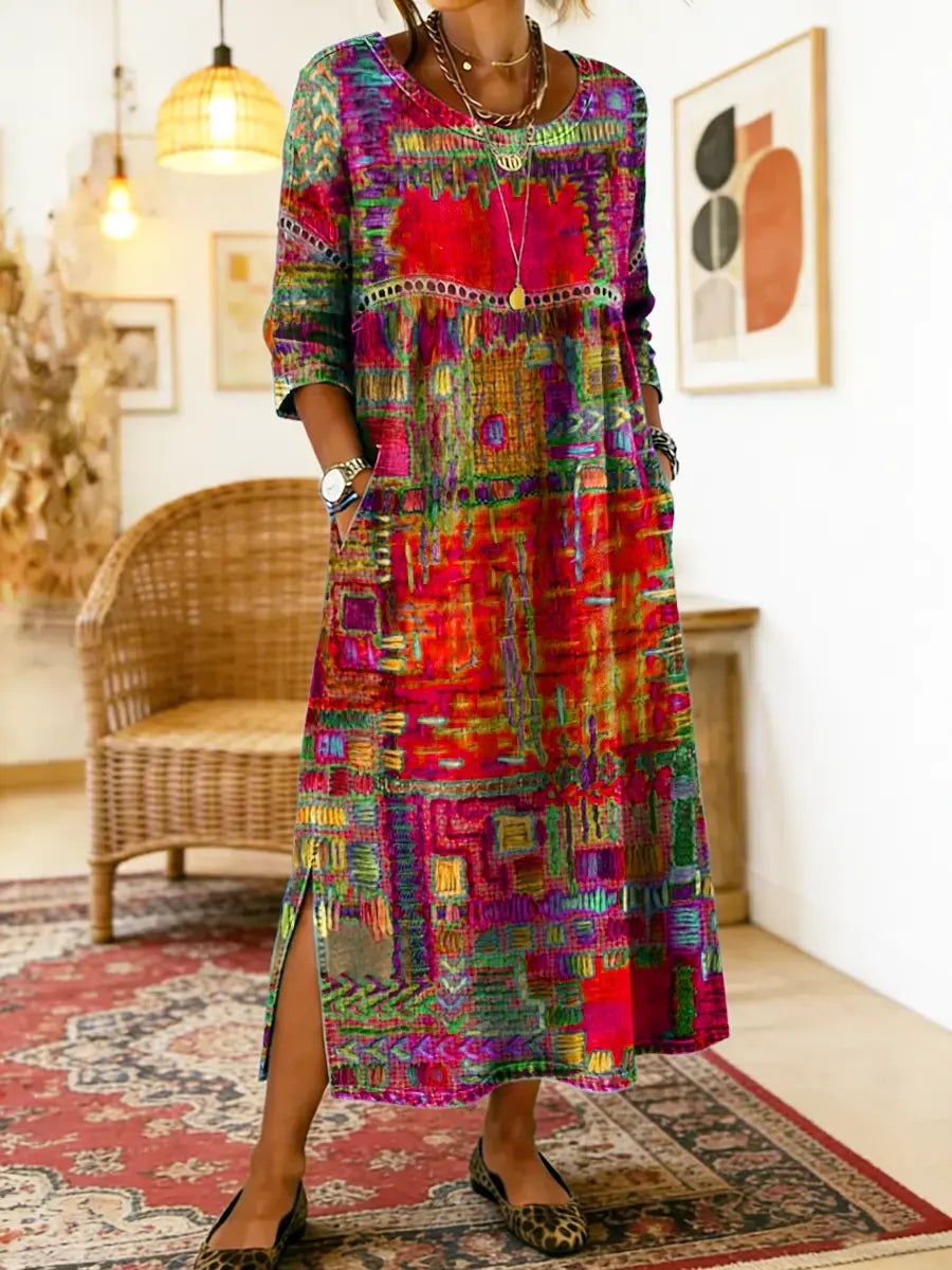 Natalia Zofia | Women's Cotton Dress with Ethnic Print and Patchwork, with Lace Trim