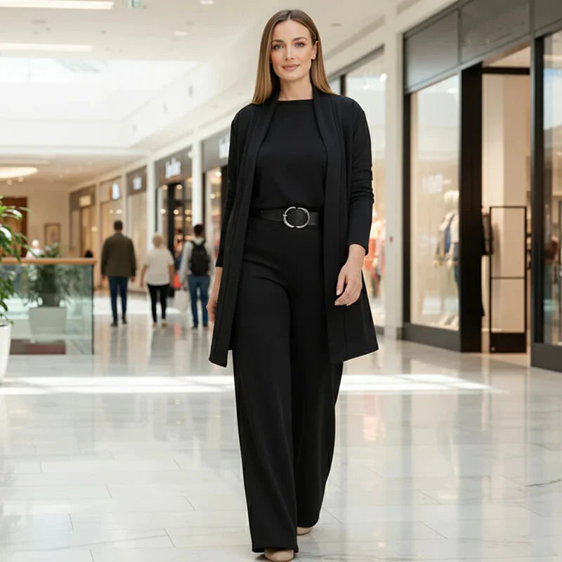 Camilla | ELEGANCKI 3-CZĘŚCIOWY ZESTAW ZAWIERAJĄCY DŁUGI KARDIGAN, TOP I SPODNIE