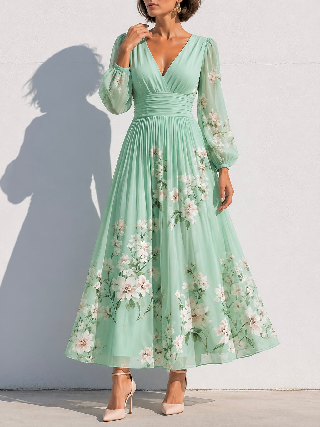 Natalia Zofia | Light Green Floral Chiffon V-Neck Midi Dress