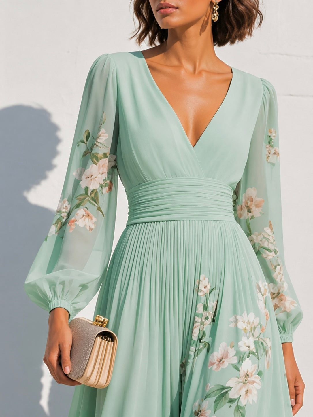 Natalia Zofia | Light Green Floral Chiffon V-Neck Midi Dress