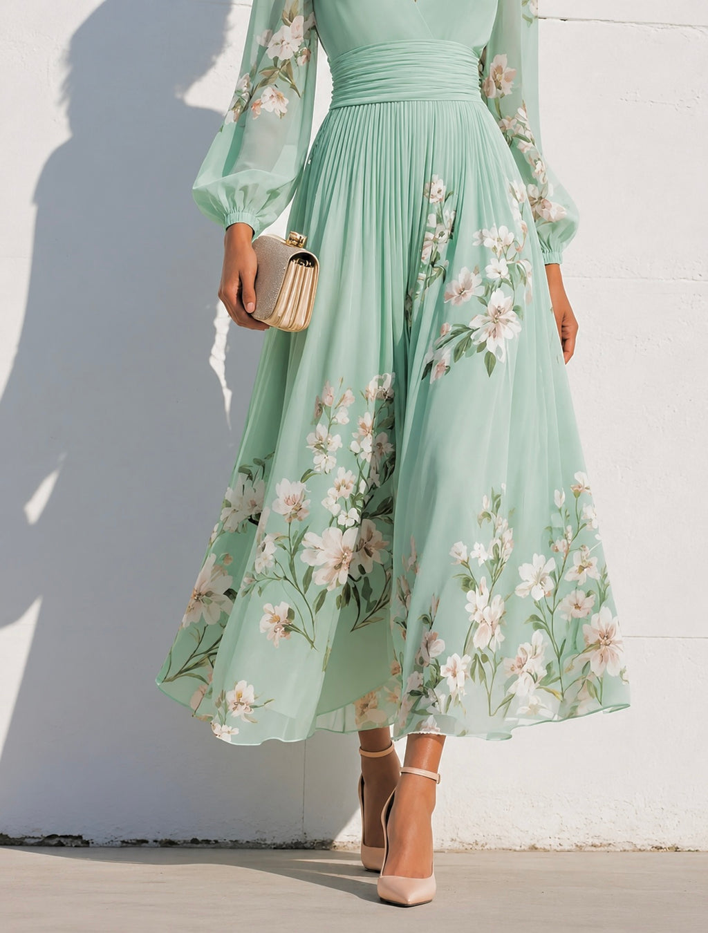 Natalia Zofia | Light Green Floral Chiffon V-Neck Midi Dress