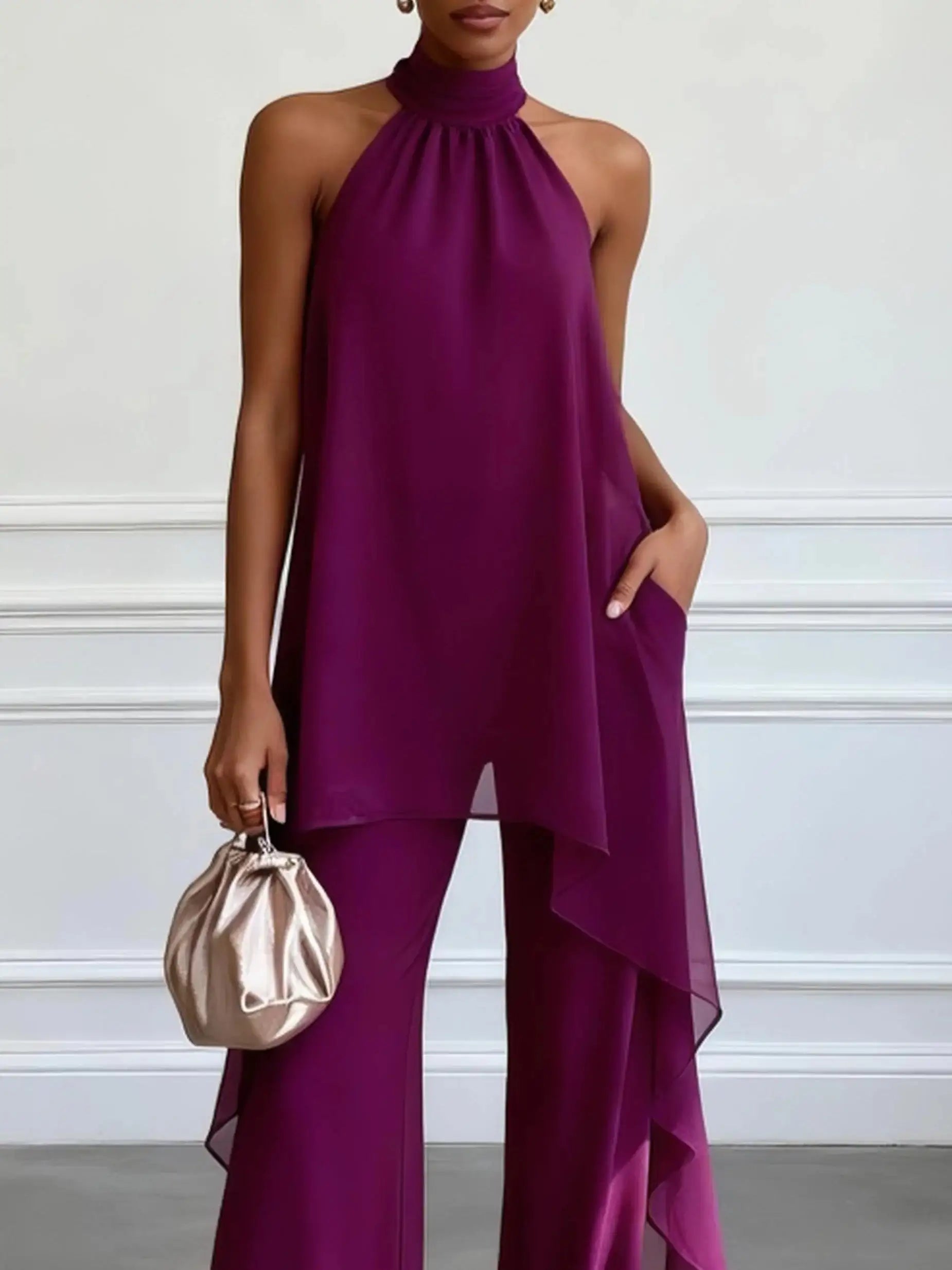Natalia Zofia | Viola Elegancki Zestaw Halter z Spodniami