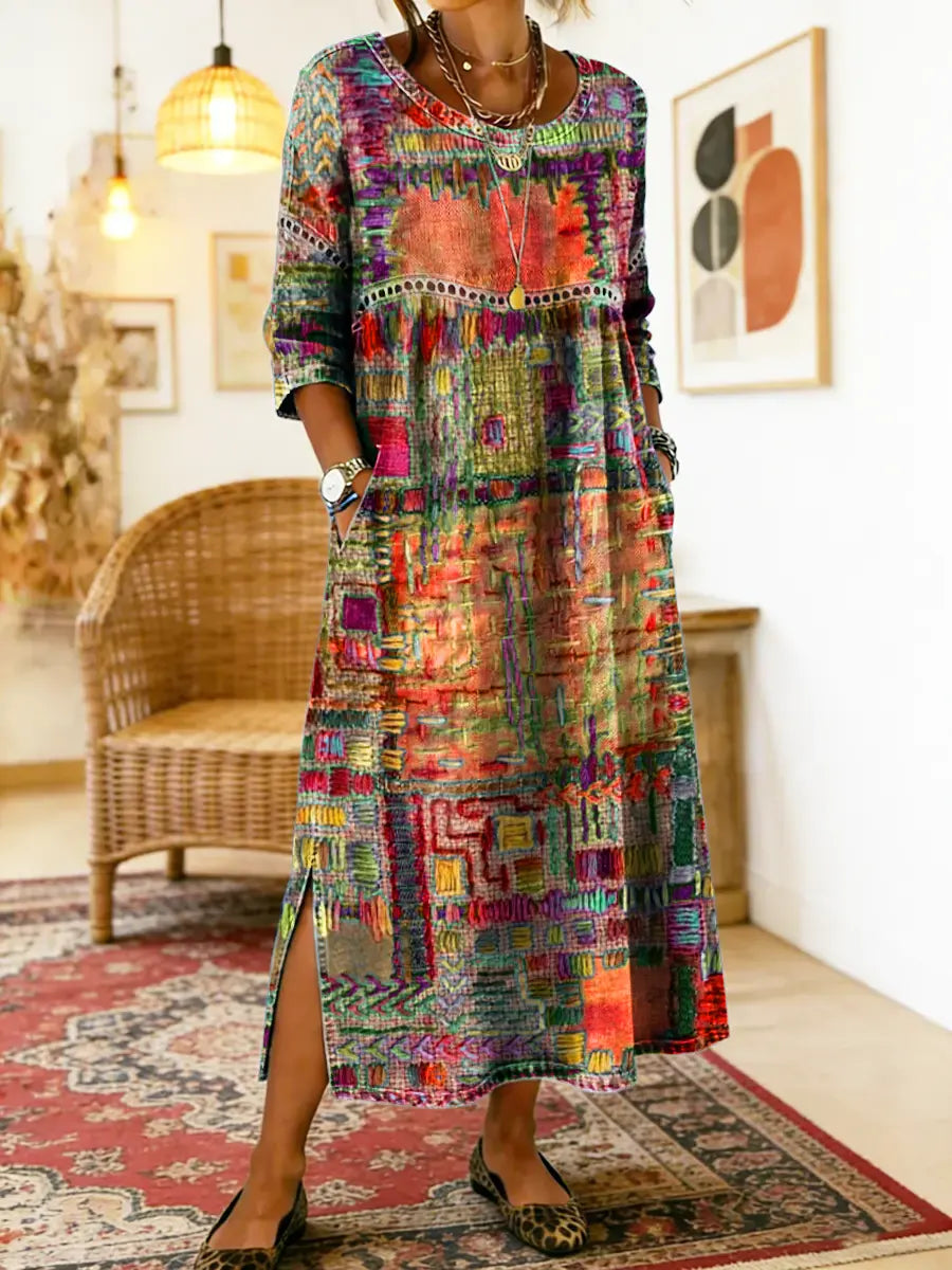 Natalia Zofia | Women's Cotton Dress with Ethnic Print and Patchwork, with Lace Trim