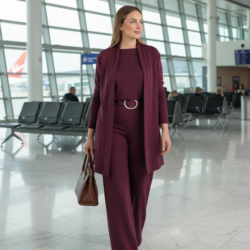 Natalia Zofia | Elegancki 3-częściowy zestaw zawierający długi kardigan, top i spodnie