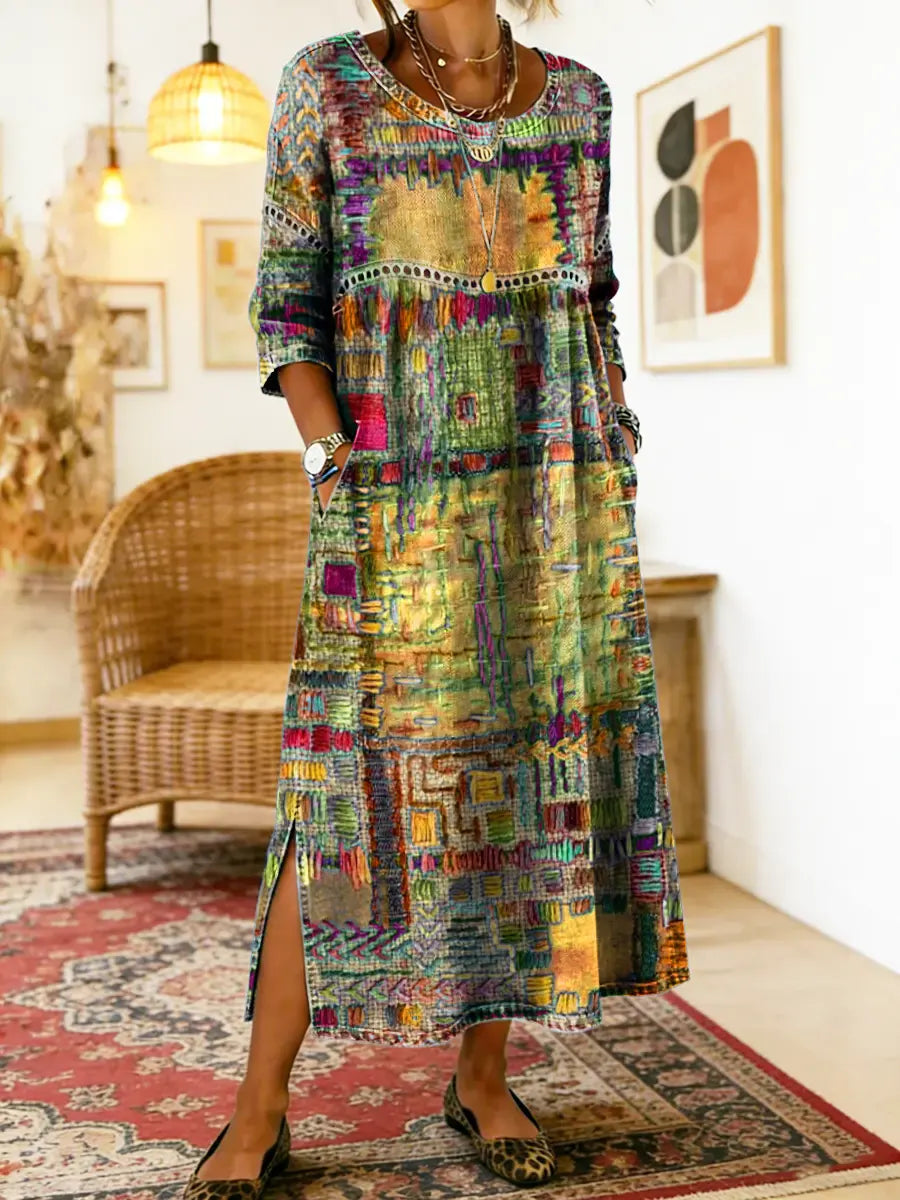 Natalia Zofia | Women's Cotton Dress with Ethnic Print and Patchwork, with Lace Trim