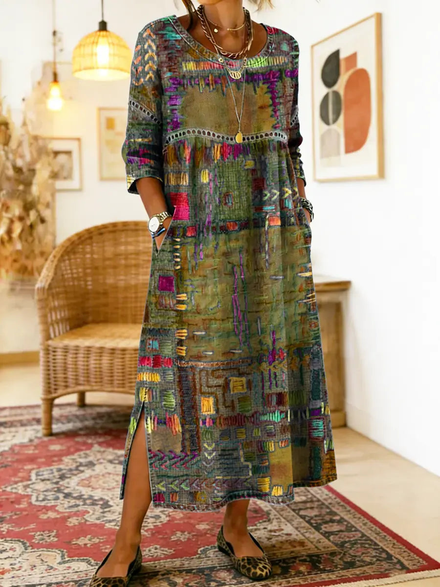 Natalia Zofia | Women's Cotton Dress with Ethnic Print and Patchwork, with Lace Trim