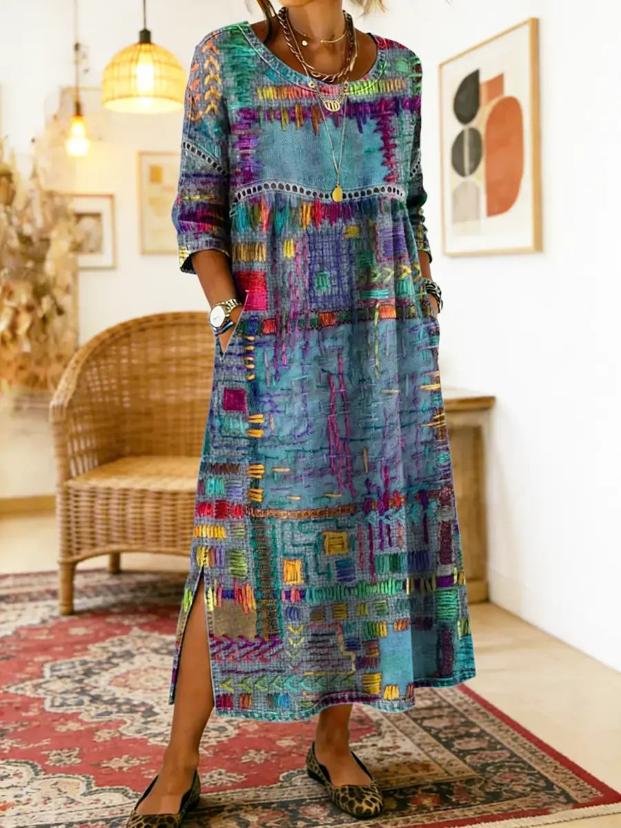 Natalia Zofia | Women's Cotton Dress with Ethnic Print and Patchwork, with Lace Trim