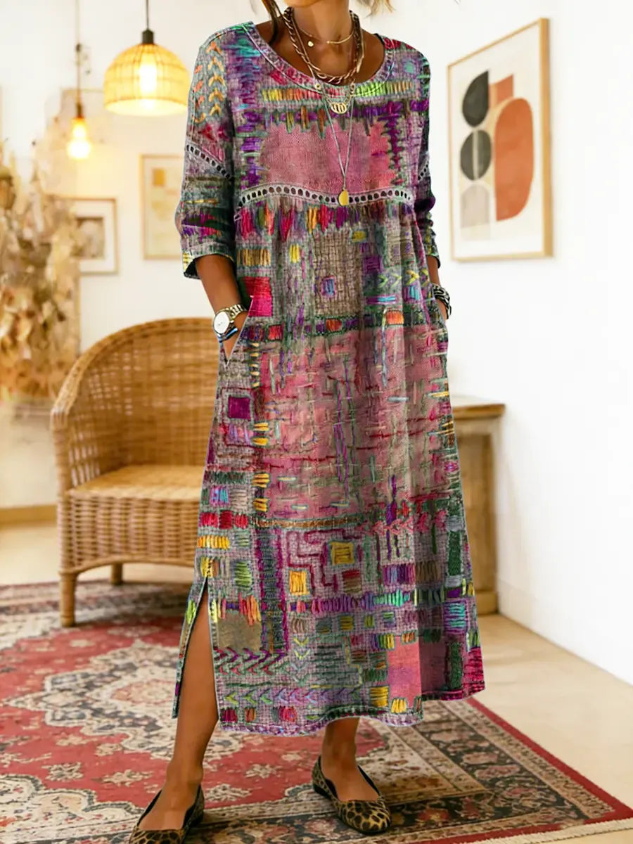 Natalia Zofia | Women's Cotton Dress with Ethnic Print and Patchwork, with Lace Trim