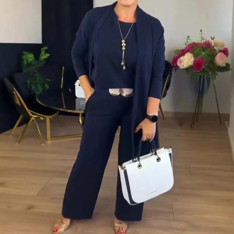 Camilla | ELEGANCKI 3-CZĘŚCIOWY ZESTAW ZAWIERAJĄCY DŁUGI KARDIGAN, TOP I SPODNIE