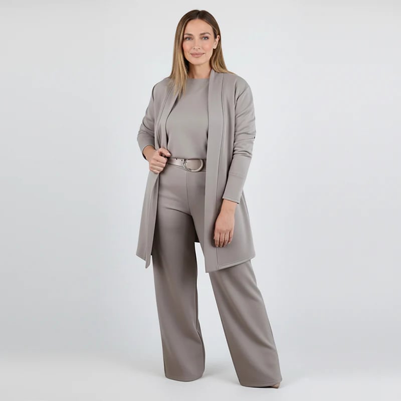Natalia Zofia | Elegancki 3-częściowy zestaw zawierający długi kardigan, top i spodnie